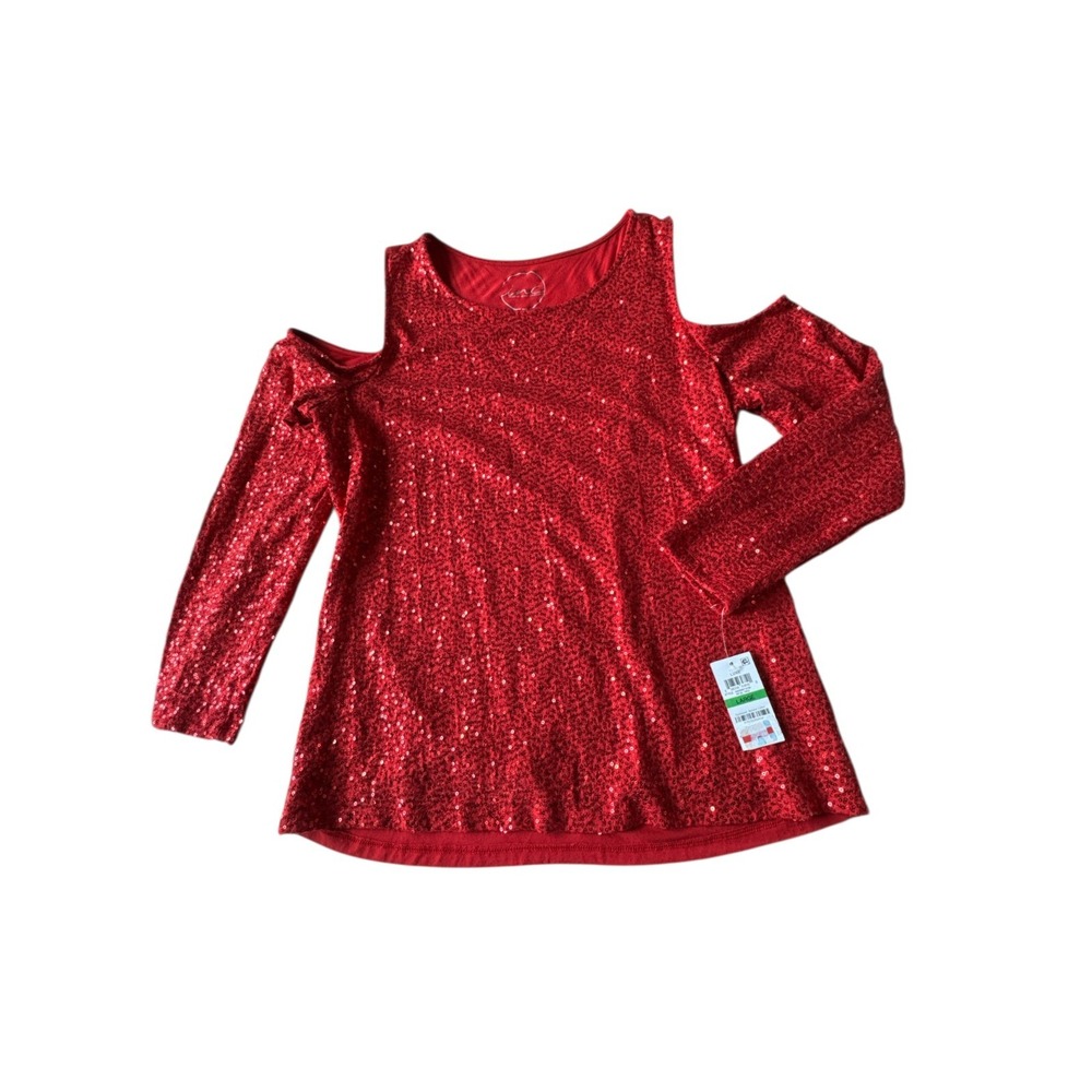 INC Sequined Cold Shoulder Top Bold Red Hue Women's Glam Party Top Size L